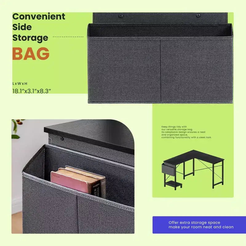 TUYOHW Bureau d'ordinateur en forme de L de 50 pouces avec sac de rangement latéral, bureaux d'angle avec support d'unité centrale et cadre métallique, bureau de jeu pour bureau à domicile, dortoir, salle d'étude
