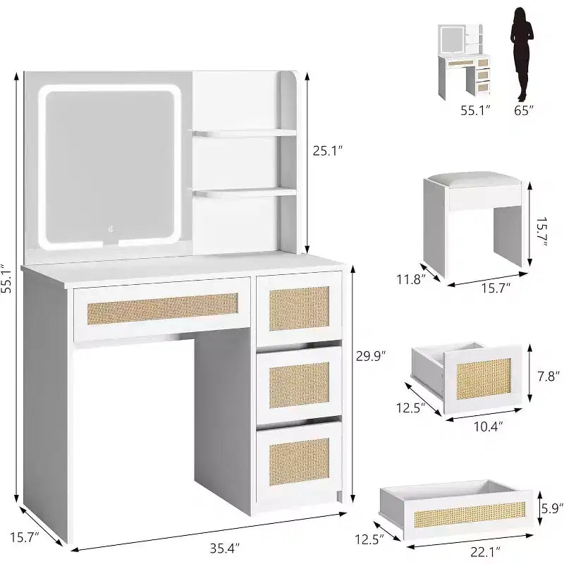 Coiffeuse en rotin avec miroir, coiffeuse de maquillage blanche et dorée, 4 tiroirs, 2 étagères ouvertes, grande table de toilette de rangement pour chambre à coucher