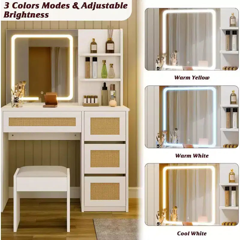 Coiffeuse en rotin avec miroir, coiffeuse de maquillage blanche et dorée, 4 tiroirs, 2 étagères ouvertes, grande table de toilette de rangement pour chambre à coucher