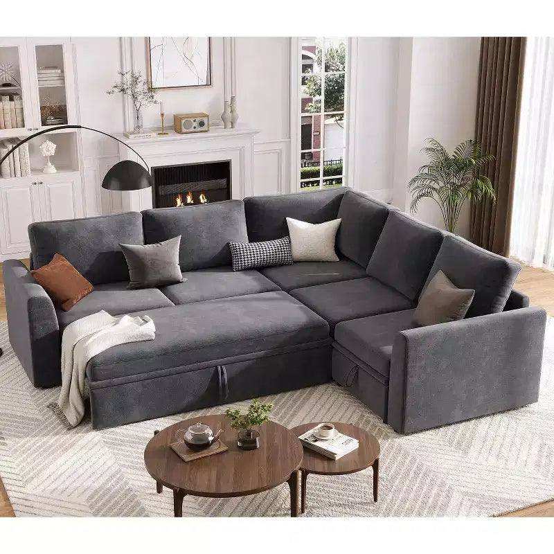 Sectional Sleeper Sofa with Pull Out Bed, Chenille Modular Sectional Couch with Pull Out Couch and Storage Seat & 2 Ottomans, Convertible Couches