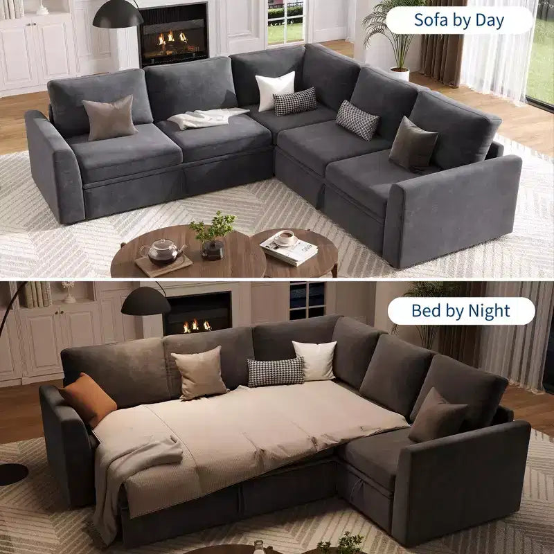 Canapé modulaire convertible avec lit gigogne, canapé d'angle modulaire en chenille avec lit escamotable et siège de rangement et 2 poufs, canapé modulable