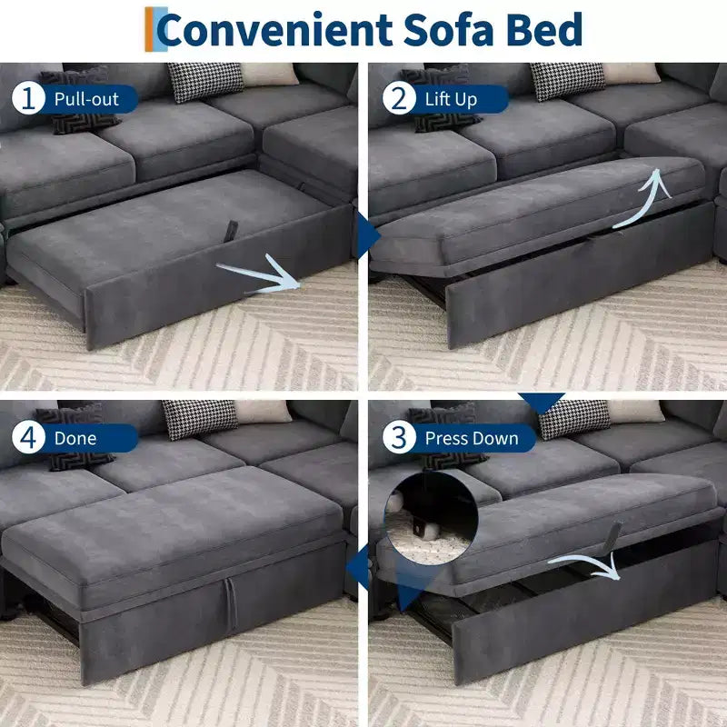 Canapé modulaire convertible avec lit gigogne, canapé d'angle modulaire en chenille avec lit escamotable et siège de rangement et 2 poufs, canapé modulable