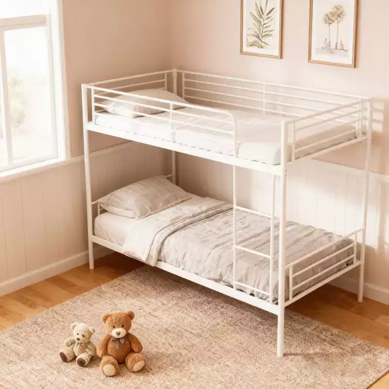 Lit superposé en métal robuste Okak, taille double, avec échelles et garde-corps haut, cadre de lit contemporain pour chambre à coucher, appartements