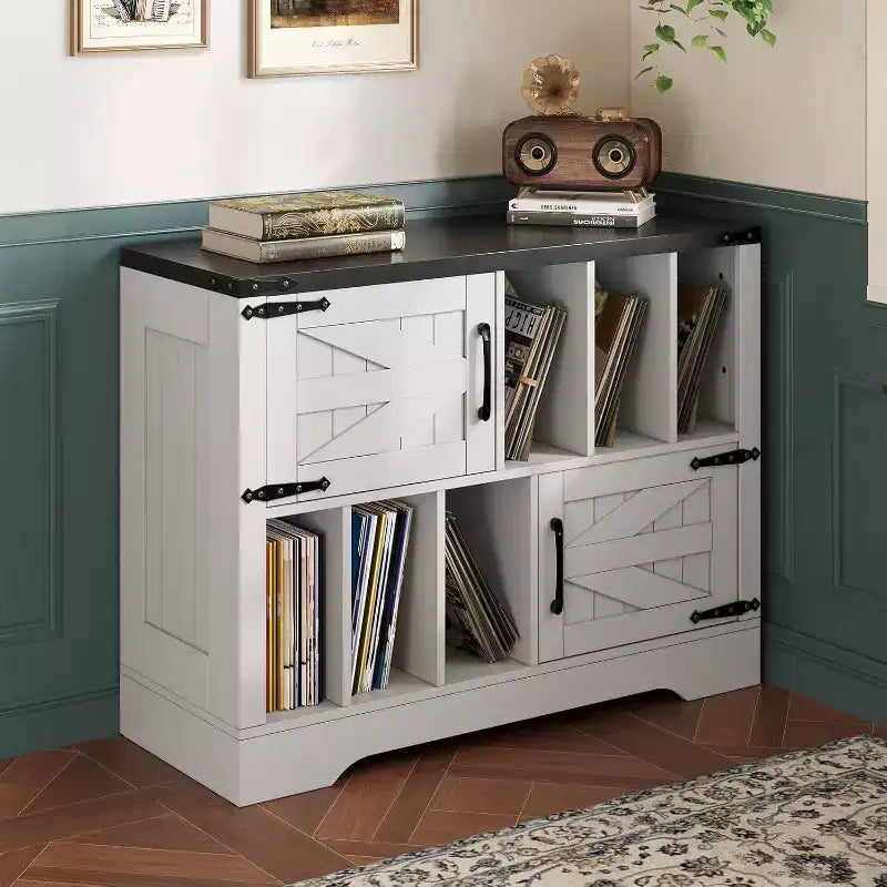 Meuble de rangement pour disques vinyles COZONY 39, meuble de platine en bois de style ferme avec 2 portes de grange, grande table de platine pour salon et chambre