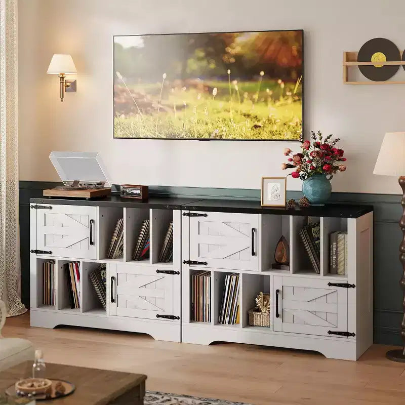 Meuble de rangement pour disques vinyles COZONY 39, meuble de platine en bois de style ferme avec 2 portes de grange, grande table de platine pour salon et chambre