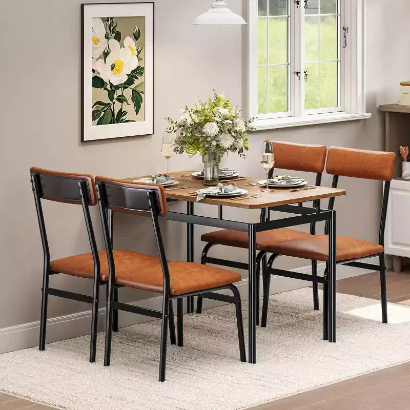 Ensemble de salle à manger 5 pièces, ensemble de table de cuisine en bois avec 4 chaises rembourrées en PU, ensemble de dînette avec cadre en métal industriel