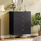 Commode moderne cannelée à 5 tiroirs de 121 cm de haut, chêne naturel, poignées dorées, plateau de 90 kg, anti-basculement, étanche, rangement d'appoint pour chambre/couloir