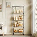 Étagère de rangement métallique à 5 niveaux avec roulettes et poignée, étagère réglable pour cuisine, garage ou cellier, capacité de 500 kg, argent