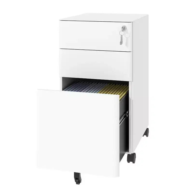 VIYET Classeur mobile à 3 tiroirs avec serrure – Entièrement en acier, anti-basculement, tiroirs peu profonds et profonds, blanc pour bureau/maison (convient aux formats A4/Lettre)