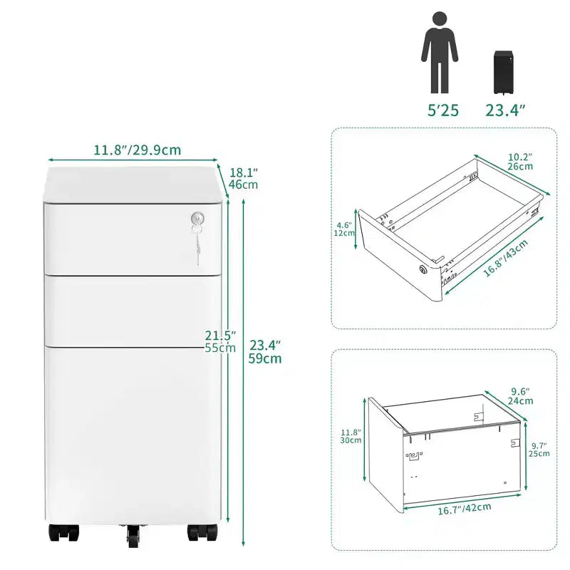 VIYET Classeur mobile à 3 tiroirs avec serrure – Entièrement en acier, anti-basculement, tiroirs peu profonds et profonds, blanc pour bureau/maison (convient aux formats A4/Lettre)