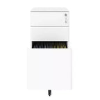 VIYET Classeur mobile à 3 tiroirs avec serrure – Entièrement en acier, anti-basculement, tiroirs peu profonds et profonds, blanc pour bureau/maison (convient aux formats A4/Lettre)