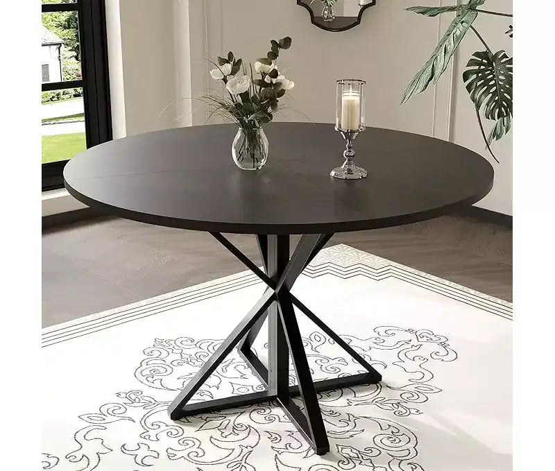 Table de salle à manger ronde de 119 cm pour 4 personnes, table de dîner circulaire en bois, piédestal en métal robuste et plateau de table en 4 parties, tables de cuisine rondes à piédestal