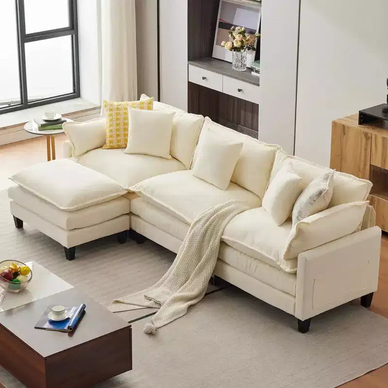 Canapé modulaire en L 112 "Cloud Couch" en tissu chenille/velours côtelé, siège profond avec ottoman et poches latérales pour salon/chambre à coucher