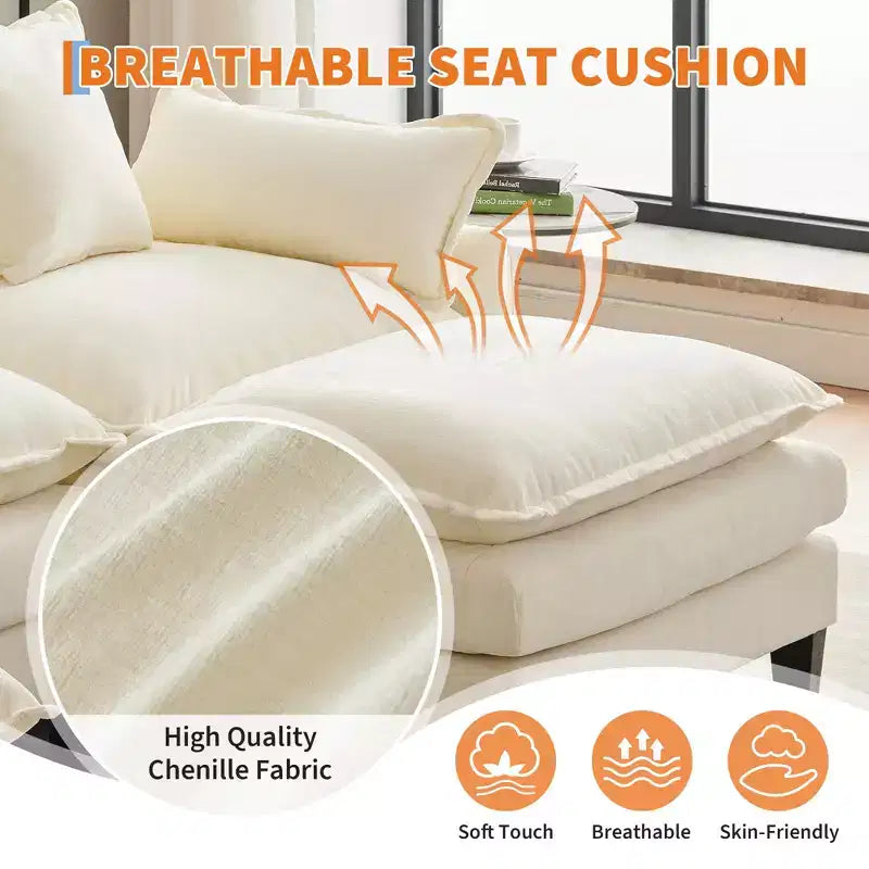 Canapé modulaire en L 112 "Cloud Couch" en tissu chenille/velours côtelé, siège profond avec ottoman et poches latérales pour salon/chambre à coucher