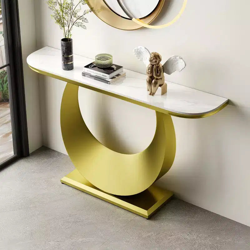 47 Table Console Demi-Lune avec Plateau en Faux Marbre et Base en Métal, Table d'Appoint Mince pour Foyer, Couloir, Salon ou Chambre à Coucher-Panipeachy