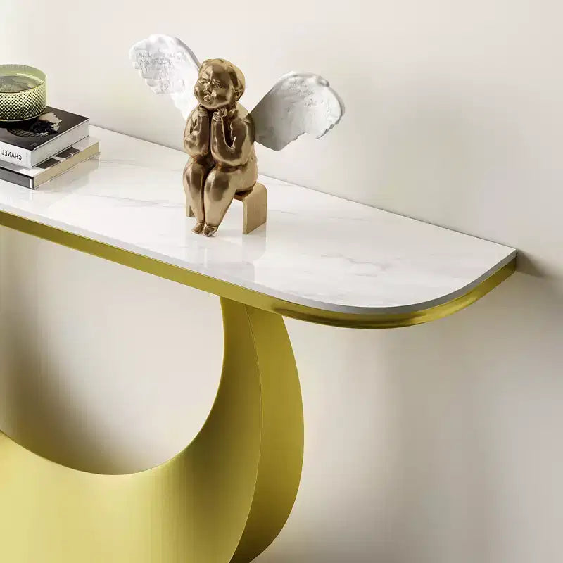 47 Table Console Demi-Lune avec Plateau en Faux Marbre et Base en Métal, Table d'Appoint Mince pour Foyer, Couloir, Salon ou Chambre à Coucher-Panipeachy