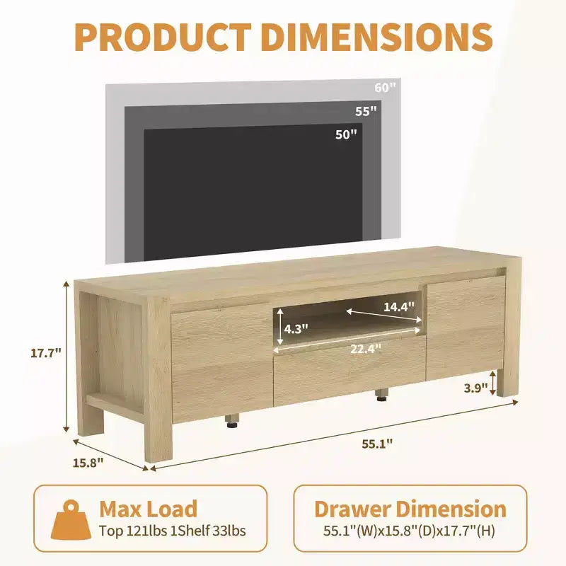 Meuble TV avec portes et placard, meuble TV de style ferme, meuble TV pour téléviseurs jusqu'à 60 pouces, console TV pour salon, chambre à coucher