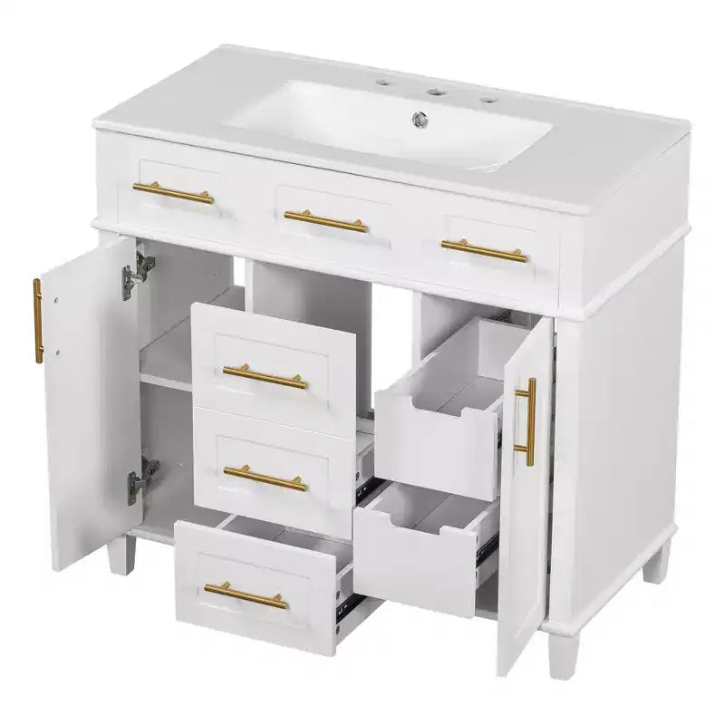 Meuble-lavabo de salle de bain blanc de 36 po avec tiroirs, armoire de rangement de salle de bain avec porte à fermeture douce et étagère réglable
