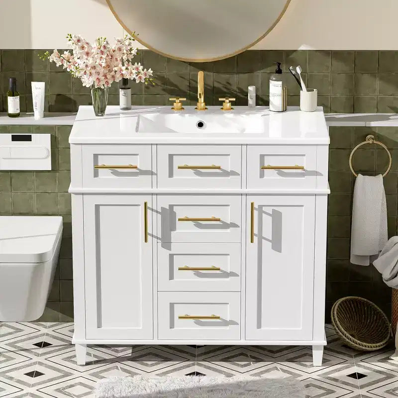 Meuble-lavabo de salle de bain blanc de 36 po avec tiroirs, armoire de rangement de salle de bain avec porte à fermeture douce et étagère réglable