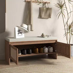 Banc à chaussures TUYOHW en rotin PP style bohème avec coussin, banc d'entrée en bois robuste pour s'asseoir et ranger, organiseur de chaussures à 2 portes