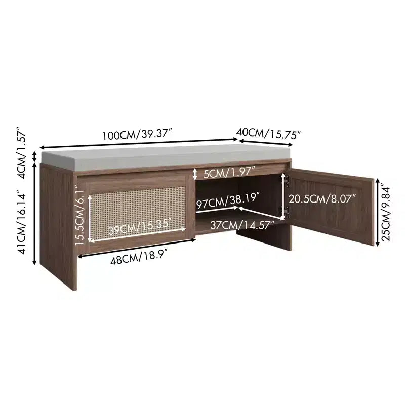 Banc à chaussures TUYOHW en rotin PP style bohème avec coussin, banc d'entrée en bois robuste pour s'asseoir et ranger, organiseur de chaussures à 2 portes