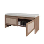 Banc à chaussures TUYOHW en rotin PP style bohème avec coussin, banc d'entrée en bois robuste pour s'asseoir et ranger, organiseur de chaussures à 2 portes