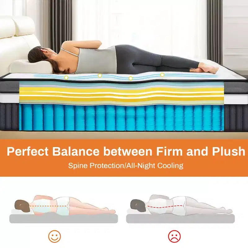 Matelas King de 14 pouces, matelas hybride en mousse à mémoire de forme et gel dans une boîte, soutien à ressorts ensachés avec isolation des mouvements et soulagement de la pression, fermeté moyenne, CertiPUR-US