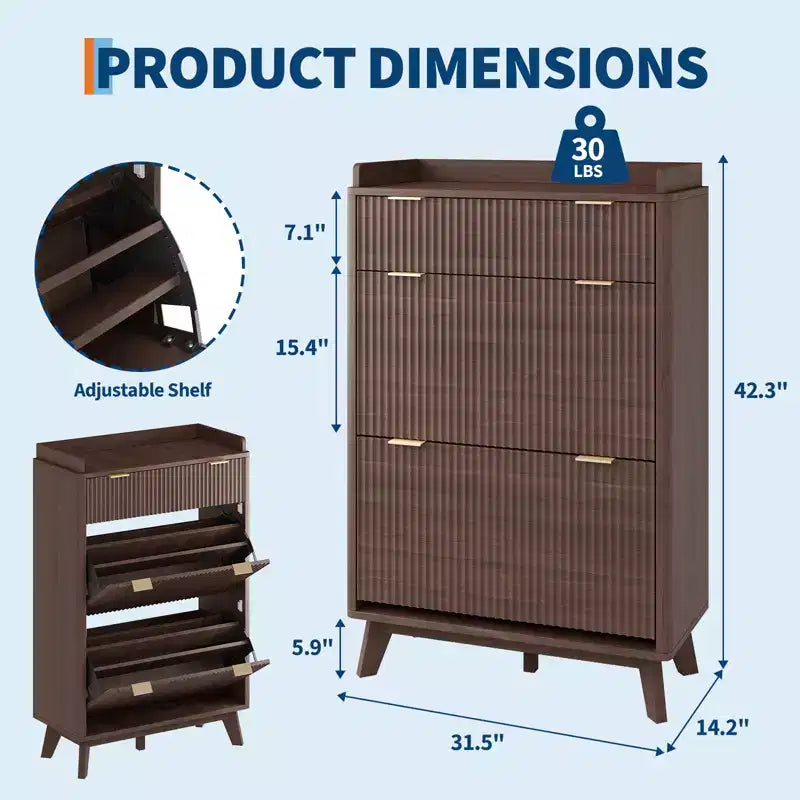Meuble de rangement à chaussures en bois cannelé pour entrée avec 2 tiroirs basculants, meuble à chaussures étroit dissimulé autoportant de 122 cm de haut pour couloir