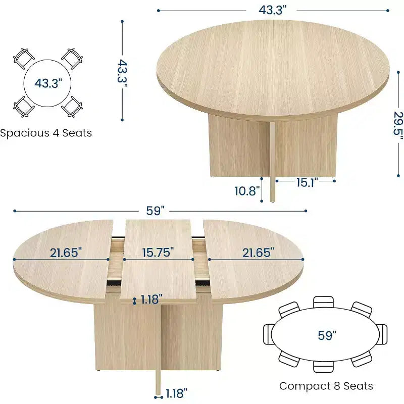 Table à manger ronde extensible de 43,3'' à 59'' pour 4 à 8 personnes, Table à manger ovale de cuisine moderne avec rallonges amovibles, Table de salle à manger, cuisine