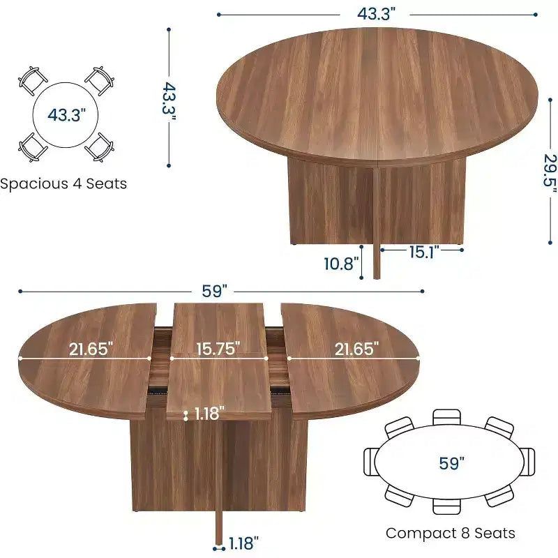 Table à manger ronde extensible de 43,3'' à 59'' pour 4 à 8 personnes, Table à manger ovale de cuisine moderne avec rallonges amovibles, Table de salle à manger, cuisine