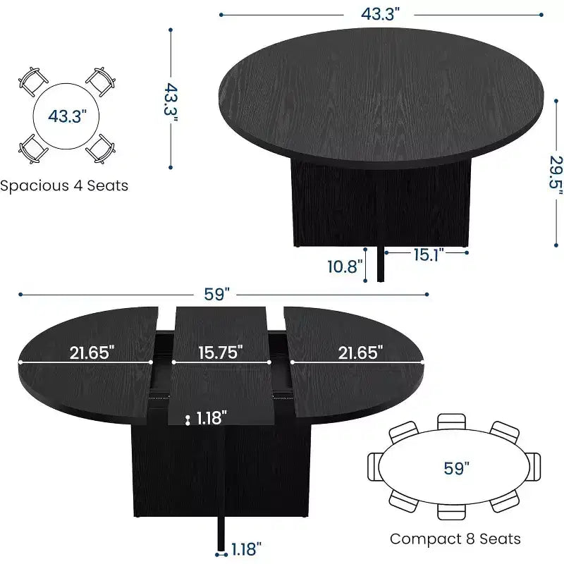 Table à manger ronde extensible de 43,3'' à 59'' pour 4 à 8 personnes, Table à manger ovale de cuisine moderne avec rallonges amovibles, Table de salle à manger, cuisine