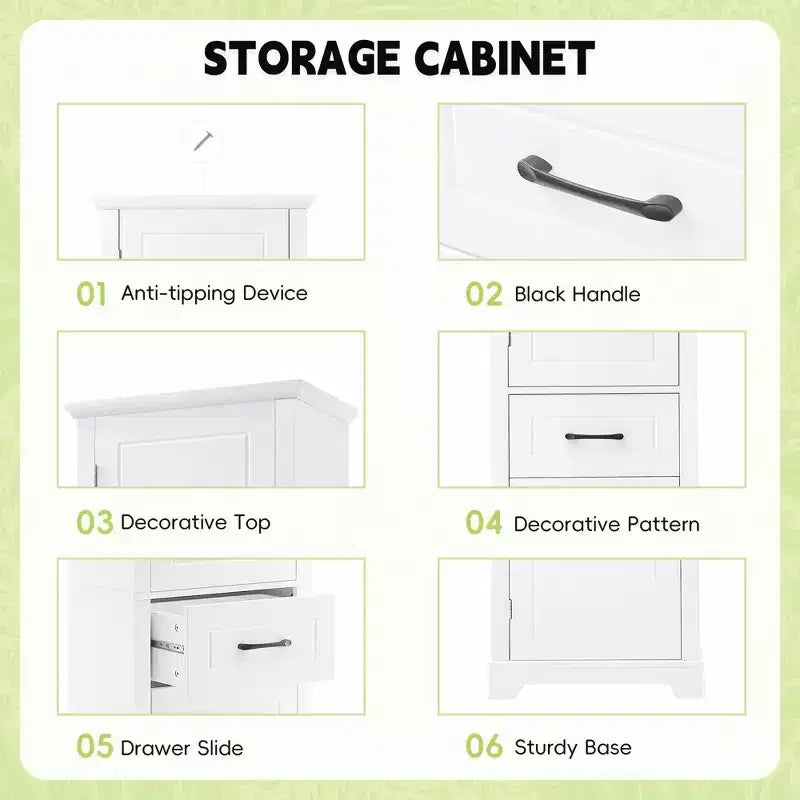 Meuble haut de rangement de salle de bain, Armoire de rangement sur pied avec 2 portes, un tiroir et une étagère réglable