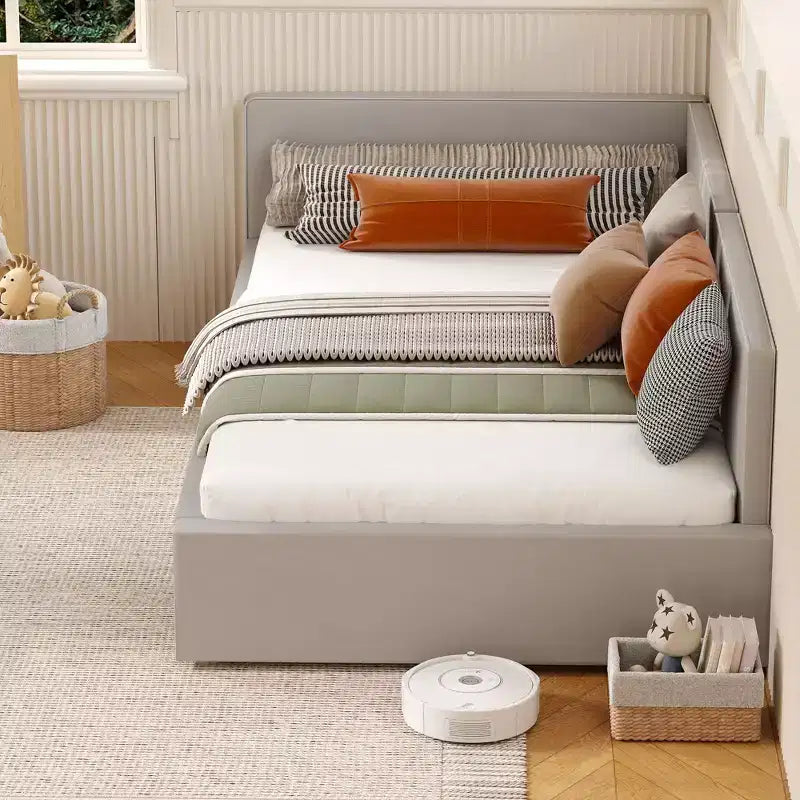 Lit de repos double COZONY avec barrières de sécurité, cadre de lit d'angle rembourré en velours avec tête de lit pour chambre d'enfant