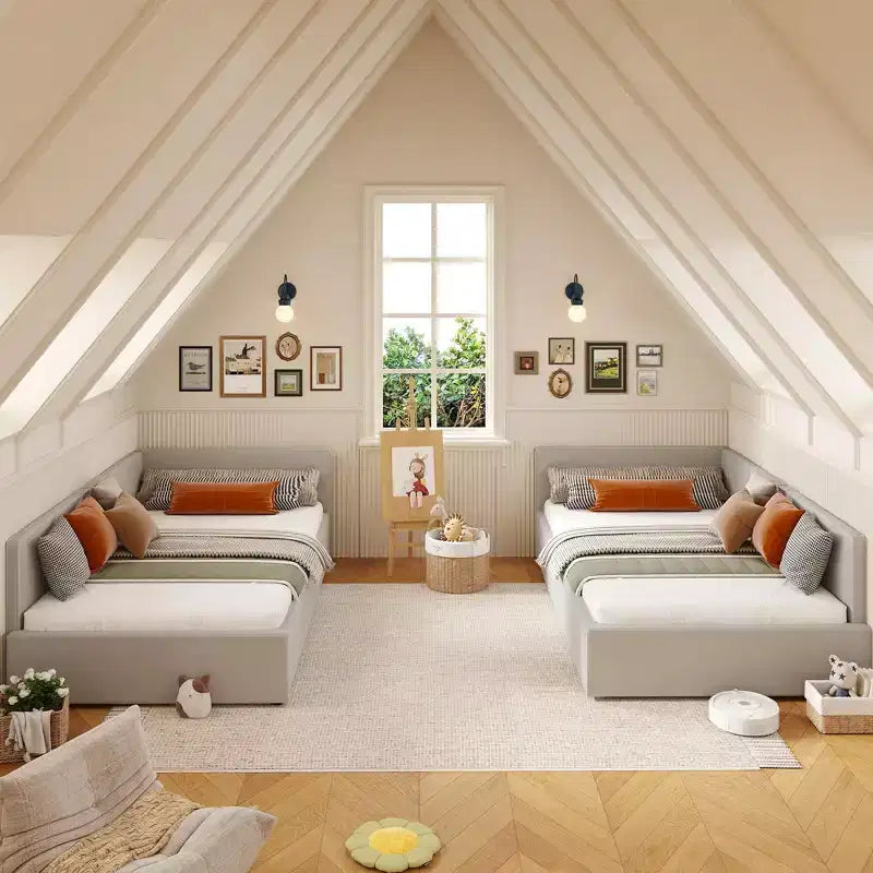 Lit de repos double COZONY avec barrières de sécurité, cadre de lit d'angle rembourré en velours avec tête de lit pour chambre d'enfant