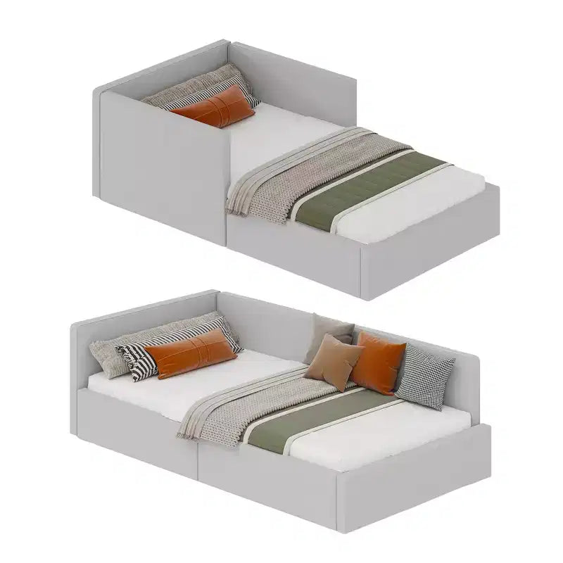 Lit de repos double COZONY avec barrières de sécurité, cadre de lit d'angle rembourré en velours avec tête de lit pour chambre d'enfant