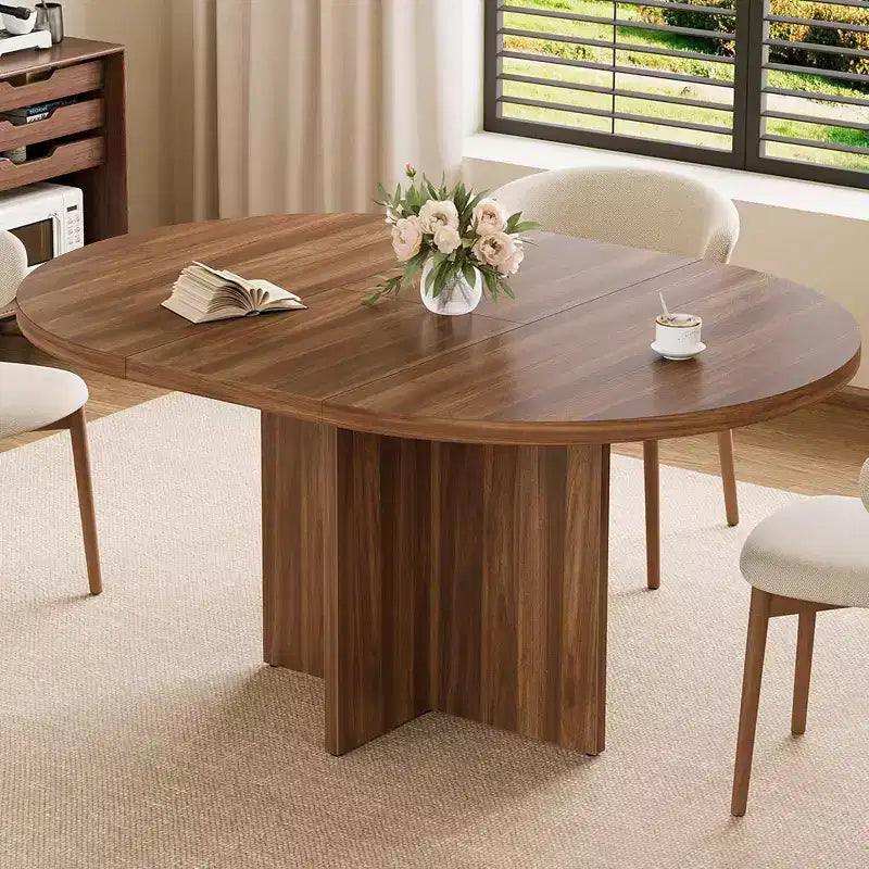 Table à manger ovale extensible pour 4 à 8 personnes, table de cuisine 59" en noyer, design rond à ovale peu encombrant pour salle à manger ou cuisine