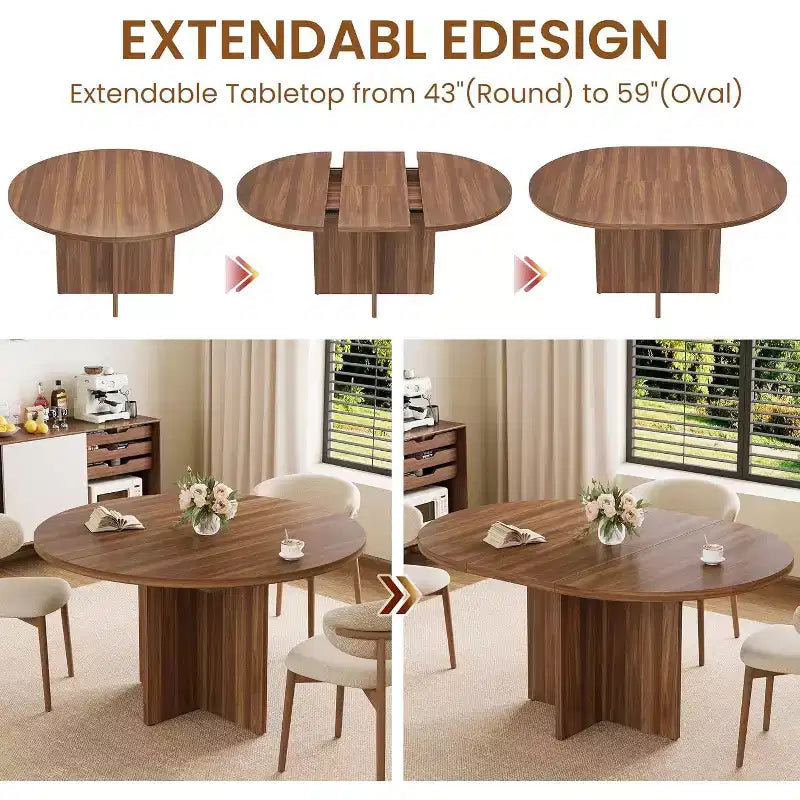Table à manger ovale extensible pour 4 à 8 personnes, table de cuisine 59" en noyer, design rond à ovale peu encombrant pour salle à manger ou cuisine