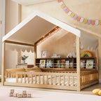 Whisen Full Size Wooden Floor Bed Frame, House-Shaped Daybed with Fense, 3 Storage Bookshelves, Curtain