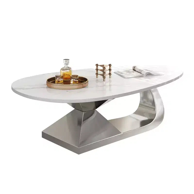 Table basse à plateau en céramique avec piètement contemporain en acier inoxydable - Une pièce maîtresse durable et élégante pour votre salon.