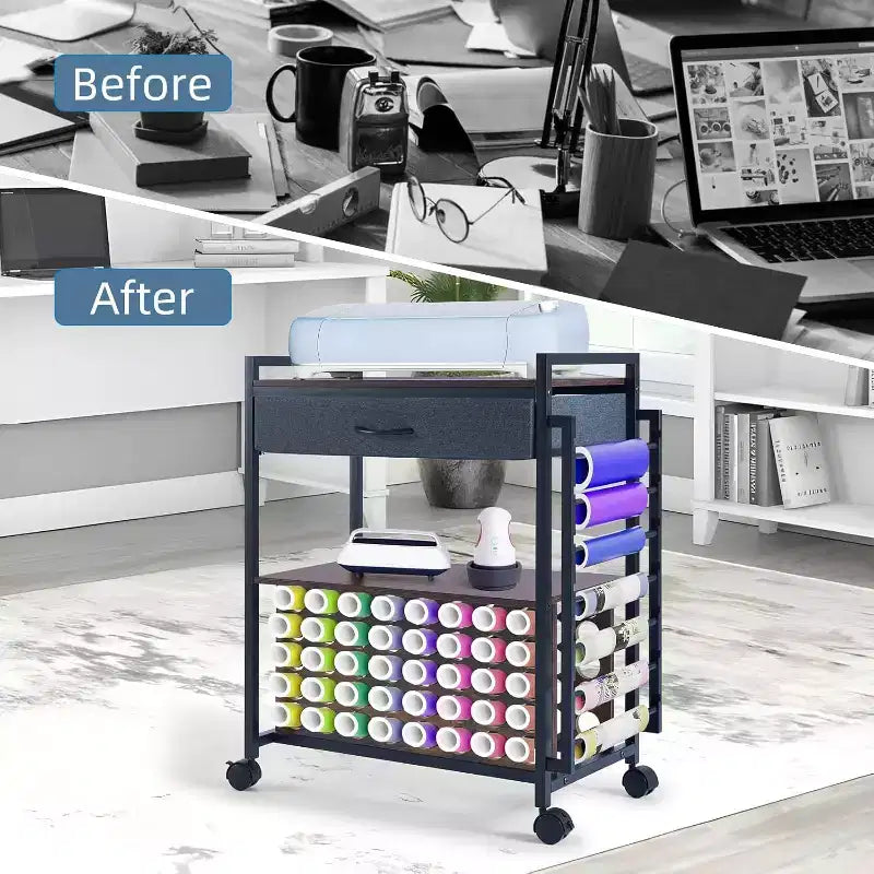 Chariot de rangement Acekool Craft Organizer, poste de travail avec tiroir en tissu, 47 supports de rouleaux de vinyle et crochets pour salle d'artisanat