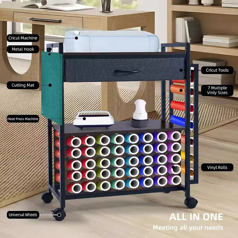 Chariot de rangement Acekool Craft Organizer, poste de travail avec tiroir en tissu, 47 supports de rouleaux de vinyle et crochets pour salle d'artisanat
