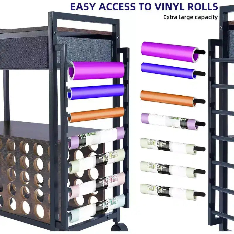 Chariot de rangement Acekool Craft Organizer, poste de travail avec tiroir en tissu, 47 supports de rouleaux de vinyle et crochets pour salle d'artisanat