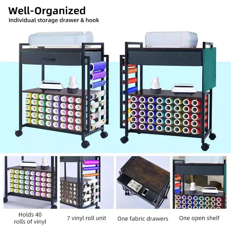 Chariot de rangement Acekool Craft Organizer, poste de travail avec tiroir en tissu, 47 supports de rouleaux de vinyle et crochets pour salle d'artisanat