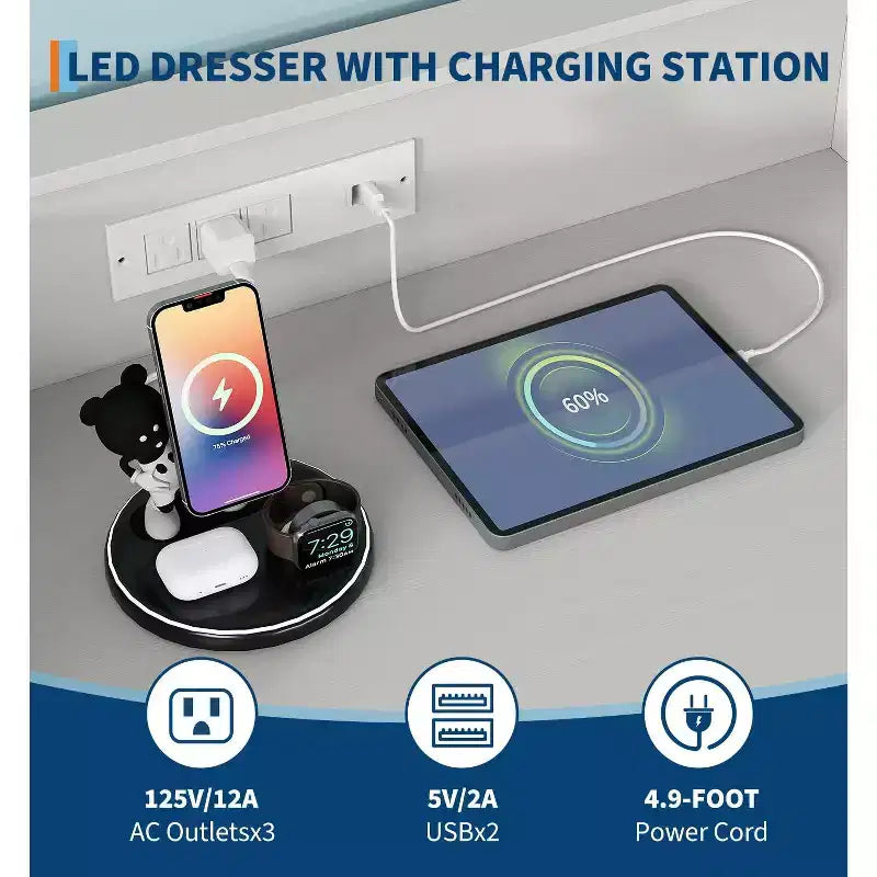 Commode Intelligente COZONY 5 Tiroirs avec LED RGB et Recharge, Commode de Rangement Contrôlée par Application pour Chambre et Salon