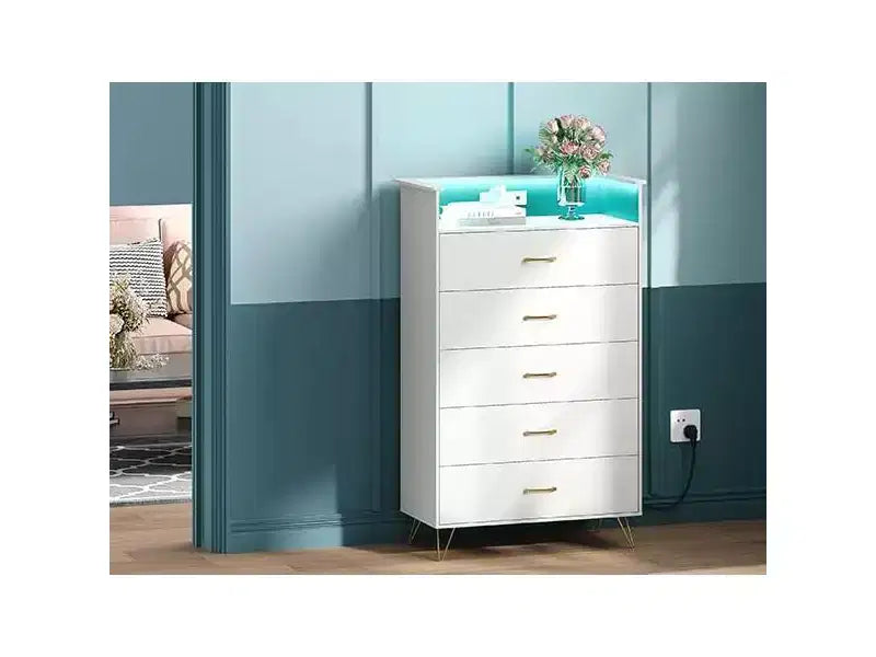 Commode Intelligente COZONY 5 Tiroirs avec LED RGB et Recharge, Commode de Rangement Contrôlée par Application pour Chambre et Salon