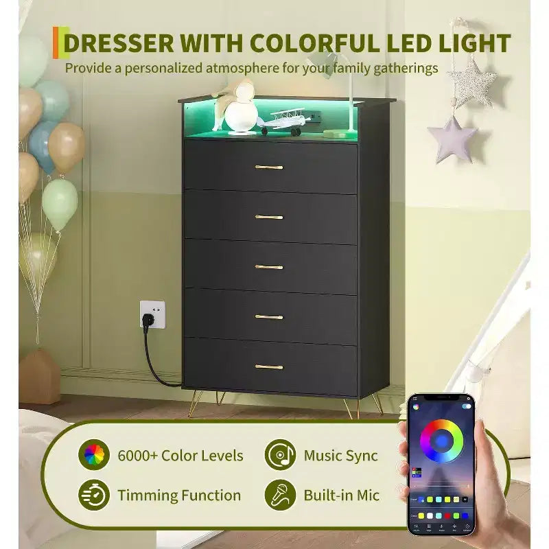 Commode Intelligente COZONY 5 Tiroirs avec LED RGB et Recharge, Commode de Rangement Contrôlée par Application pour Chambre et Salon