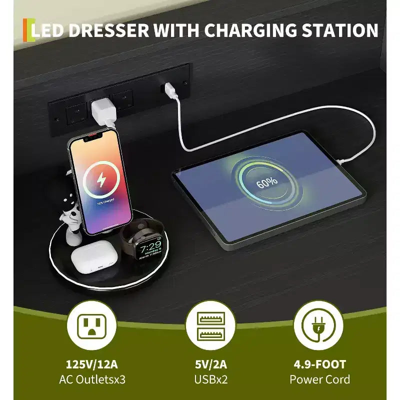 Commode Intelligente COZONY 5 Tiroirs avec LED RGB et Recharge, Commode de Rangement Contrôlée par Application pour Chambre et Salon