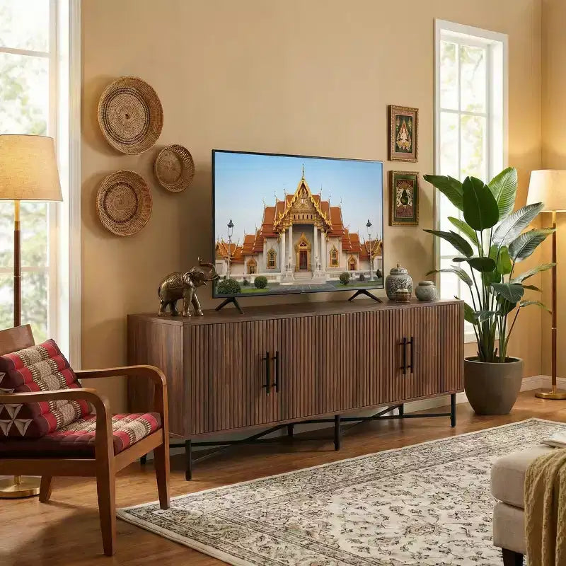 Meuble TV multimédia médiéval moderne JVNOXK avec quatre portes Deux étagères de rangement réglables Convient aux téléviseurs jusqu'à 65 poucesChâtaignier
