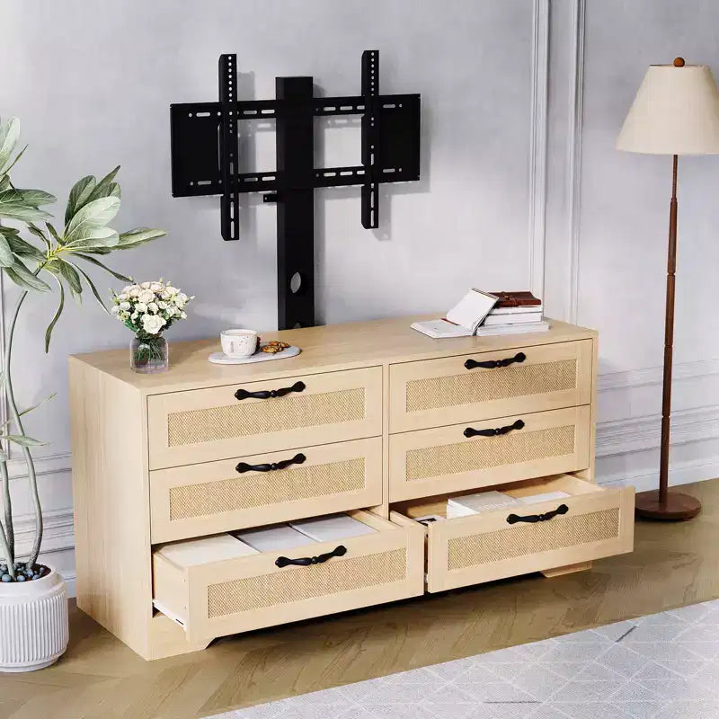 Meuble TV avec support, meuble de divertissement moderne de 120 cm, commode en rotin à 6 tiroirs pour téléviseurs de 32 à 85 pouces, table de console multimédia avec rangement pour salon