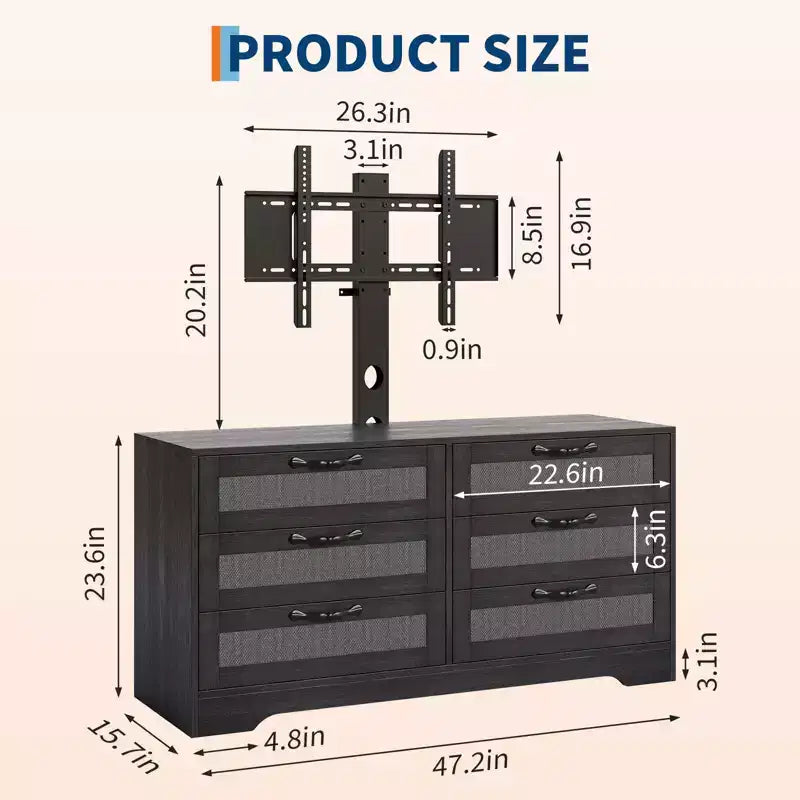 Meuble TV avec support, meuble de divertissement moderne de 120 cm, commode en rotin à 6 tiroirs pour téléviseurs de 32 à 85 pouces, table de console multimédia avec rangement pour salon